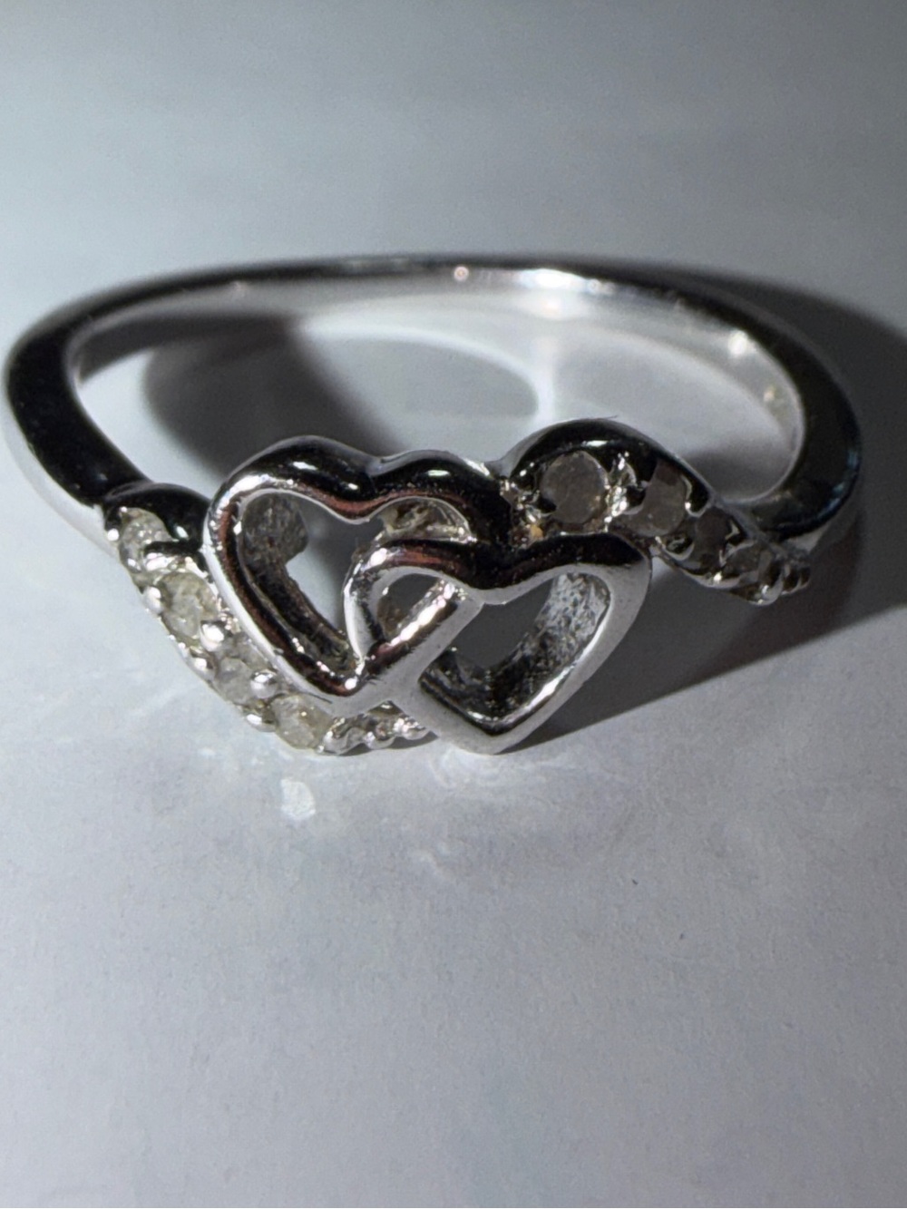 CW Sterling Silver 925 Entwined Double Heart Ring, CZ Accents, Size L½ / US 6